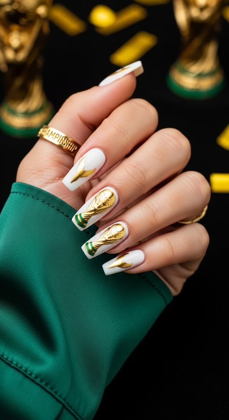 Unhas com glitter verde para o jogo do Brasil